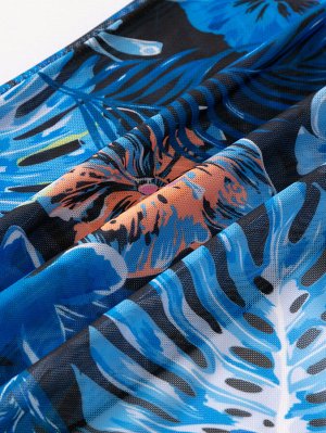 Женский купальный комплект: лиф + трусы + накидка, с принтом, цвет синий
