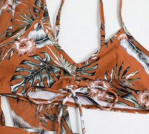 Женский купальный комплект: лиф + шорты + накидка, принт "листья", цвет коричневый