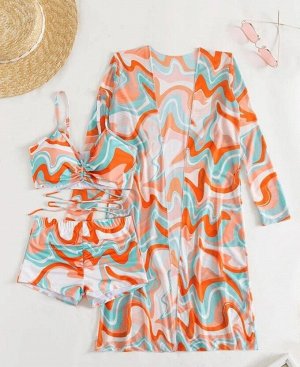 Женский купальный комплект: лиф + шорты + накидка, с принтом, цвет белый/оранжевый