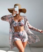 Женский купальный комплект: лиф + шорты + накидка, принт &quot;листья&quot;, цвет бежевый