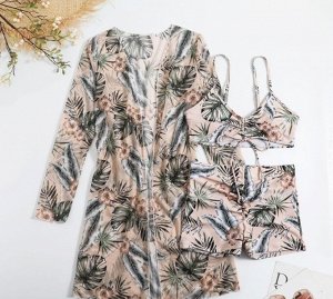 Женский купальный комплект: лиф + шорты + накидка, принт "листья", цвет бежевый