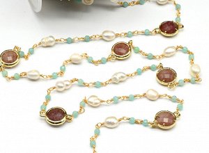 Ювелирная цепочка для рукоделия с жемчугом и кварцем клубничным