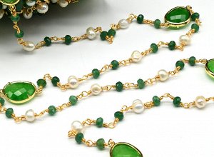 Цепочка для рукоделия с жемчугом и кварцем тонированным зеленым