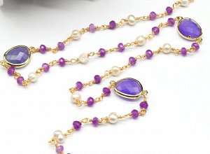 Ювелирная цепочка с жемчугом и кварцем тонированным лавандовым