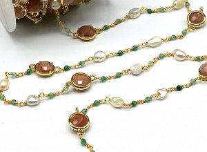 Ювелирная цепочка с жемчугом и солнечным камнем