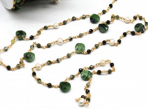 Цепочка ювелирная с жемчугом натуральным и цоизитом