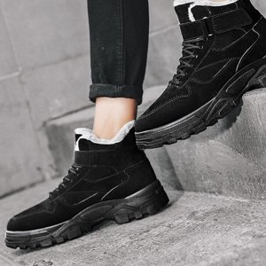 Мужские зимние ботинки на липучке и шнуровке, нескользящие, черный