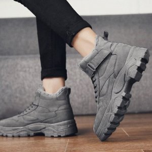 Мужские зимние ботинки на липучке и шнуровке, нескользящие, серый