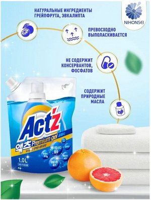 Концентрированный гель "Act’z Premium Gel" для стирки белья для машин с вертикальной и горизонтальной загрузкой (аромат мяты) 1 л, мягкая упаковка с крышкой / 8