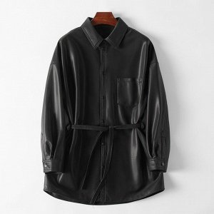 Женская кожаная куртка-рубашка с тонким поясом