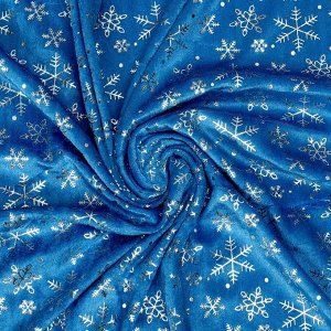Лоскут Велюр с новогодним нанесением Крупные снежинки Серебро на голубом, 100*150 см