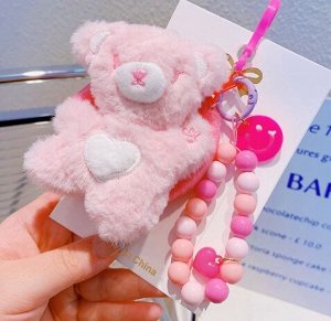 Плюшевый брелок-кошелек "Медвежонок", на цепочке из бусин, розовый