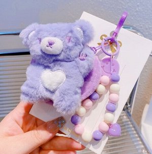 Плюшевый брелок-кошелек "Медвежонок", на цепочке из бусин, фиолетовый