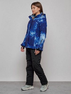 Горнолыжный костюм женский большого размера зимний темно-синего цвета 03517TS
