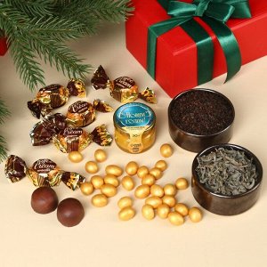 Подарочный набор «Время чудес»: чай чёрный со вкусом: ваниль и карамель 20 г., чай зелёный с жасмином 20 г., арахис шоколаде70 г., шоколадные конфеты 100 г., крем-мёд с апельсином 30 г.