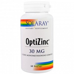 ОптиЦинк Solaray, ОптиЦинк, 30 мг, 60 вегетарианских капсул
 содержит патентованный комплекс 1:1 цинка и метионина, аминокислоты, оптимально поглощаемой организмом. Исследования показывают, что OptiZi