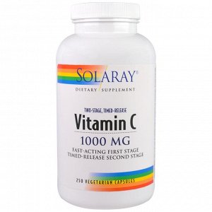Витамин C Solaray, Витамин C, двухэтапный, пролонгированное время, 1000 мг, 250 вегетарианских капсул
Этот продукт сформулирован с использованием двухэтапной технологии медленного высвобождения. Форму