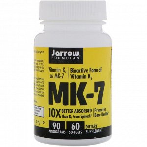 Витамин K2 Jarrow Formulas, MK-7, витамин K2 в форме MK-7, 90 мкг, 60 мягких капсул. Способствует здоровью костей. MK-7 в 10 раз лучше усваивается, по сравнению с K1 из шпината и несет ответственность