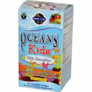 Garden of Life, Oceans Kids, DHA Chewables, от 3 лет и старше, вкус ягод и лайма, 120 жевательных мягких таблеток