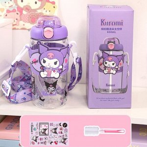 Бутылка для воды с трубочкой и плечевым ремешком, с принтом "Kuromi", фиолетовый