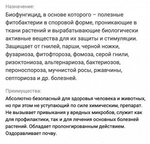 Фитоспорин-М 0,1л, рассада, защита от грибковых и бактериальных болезней. Защищает от гнилей, парши, черной ножки, фузариоза, фитофтороза, фомоза, серой гнили, ризоктониоза, альтернариоза, бактериозов