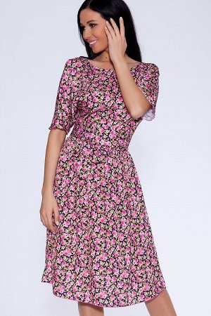 Платье 282 "Шелк цветной", черный/розовые цветы