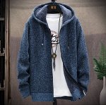Мужской кардиган на молнии, с капюшоном, утепленный искусственным мехом, сине-серый