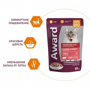 Влажный корм AWARD Indoor big cats для взрослых домашних кошек крупных пород кусочки в соусе с говядиной 85г