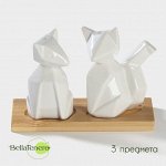 Набор фарфоровый для специй на деревянной подставке BellaTenero «Лисы», 3 предмета: солонка 80 мл, перечница 80 мл, подставка, цвет белый