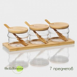 Набор банок стеклянных для сыпучих продуктов с ложками на бамбуковой подставке BellaTenero «Эко. Грани», 3 предмета: 295 мл, 30?10?13 см