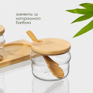 Банки для сыпучих продуктов BellaTenero «Эко. Грани», 295 мл, 10*13 см, набор 3 шт., на бамбуковой подставке, с ложками, стекло