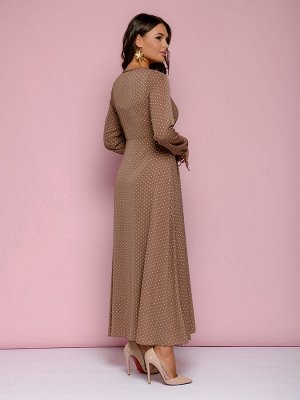 Платье цвета мокко в горошек с длинными рукавами