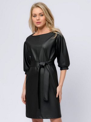 Платье черное из искусственной кожи длины мини с объемными рукавами