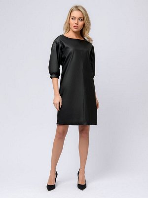Платье черное из искусственной кожи длины мини с объемными рукавами