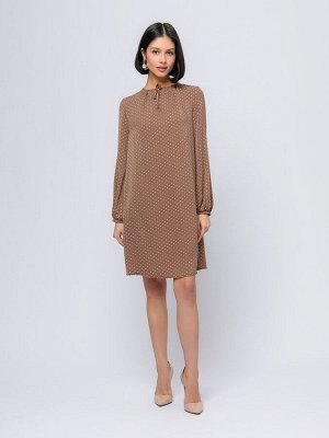 1001 Dress Платье светло-коричневое в горошек длины мини с бантиком
