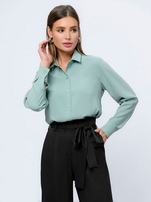 Блуза фисташкового цвета с отложным воротником и длинными рукавами