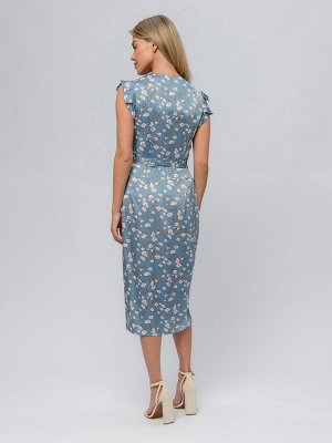Платье голубого цвета с цветочным принтом с запахом и воланами на плечах