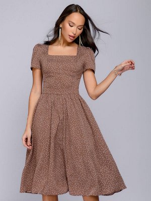 Платье цвета мокко в горошек длины миди с короткими рукавами