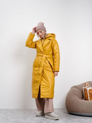 Пальто женское Тренчкот еврозима с капюшоном горчица