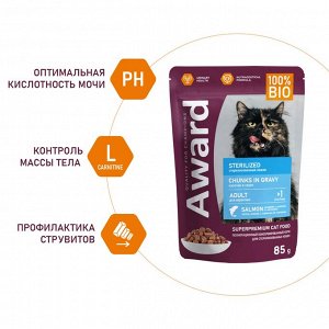 Влажный корм AWARD Sterilized для взрослых стерилизованных кошек кусочки в соусе с лососем 85г