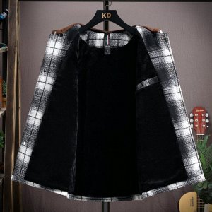 Демисезонная клетчатая куртка-рубашка с капюшоном, утепленная флисом, черный/коричневый