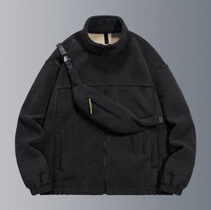 Флисовая куртка с поясной сумкой, с воротником-стойкой, утепленная искусственный мехом, черный