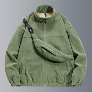 Флисовая куртка с поясной сумкой, с воротником-стойкой, утепленная искусственный мехом, темно-зеленый
