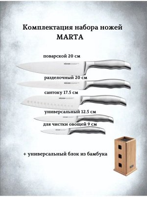 Набор кухонных ножей 5 шт с универсальным блоком серия MARTA (NADOBA)