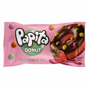 Пончик PAPITA DONUT с какао глазурью, клубничной начинкой и цветным драже 40гр (24)