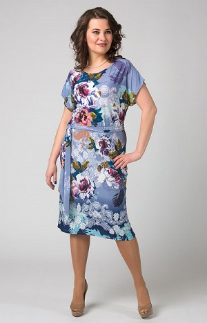 808 платье сирень/цветной; Вискоза/пэ; Платье из трикотажного полотна с шикарным дизайном. Свободный силуэт, спущенный рукав. Ткань основы: тонкий шелковистый трикотаж с узором «розы на снегу» голубог
