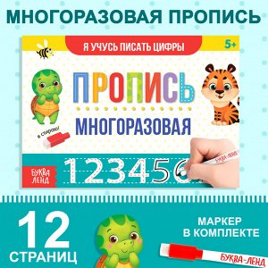Многоразовая пропись с маркером «Пиши-стирай. Я учусь писать цифры», 12 стр.