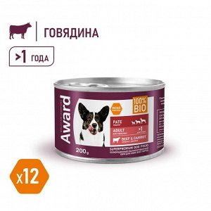 Влажный корм AWARD для взрослых собак паштет из говядины с морковью 200г