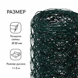 Сетка плетёная с ПВХ покрытием, 5?1 м, ячейка 25?25 мм, d=0.9 мм, металл, Greengo