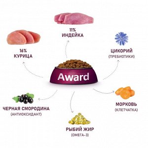 Сухой корм AWARD для взрослых собак средних пород с индейкой и курицей с добавлением моркови и черной смородины 12кг